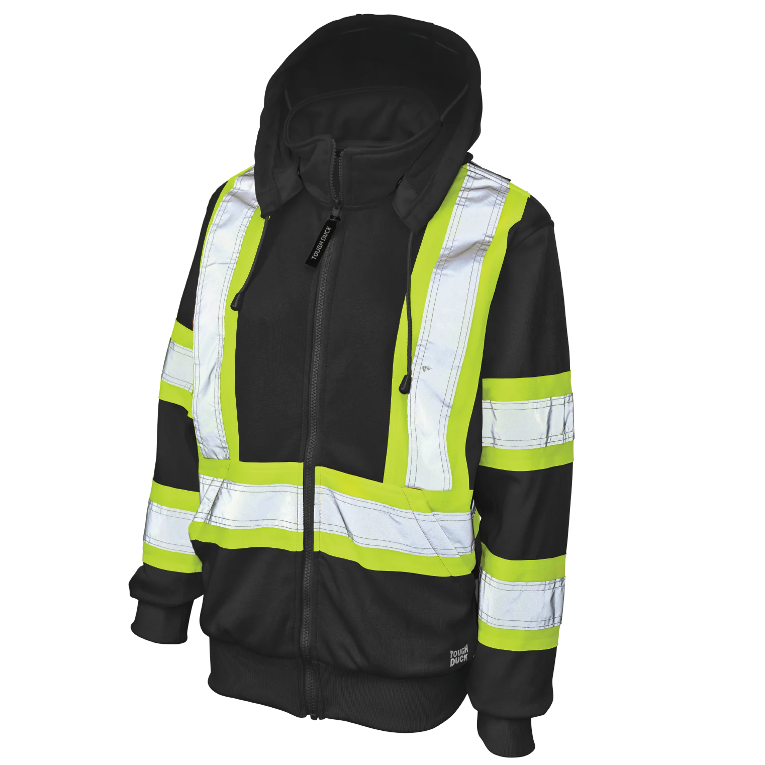 A women's safety hoodie in black with reflective material, featuring a hood, zip front, and pockets.