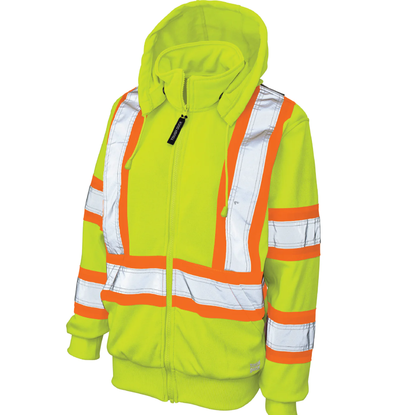 A women's safety hoodie in yellow with reflective material, featuring a hood, zip front, and pockets.