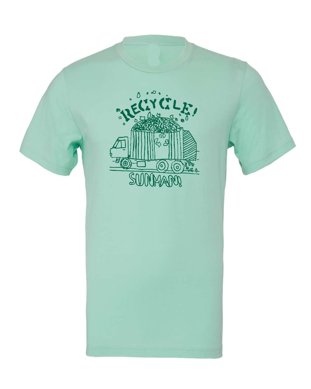 Mint green t-shirt with a graphic of a recycling truck and text on a white background