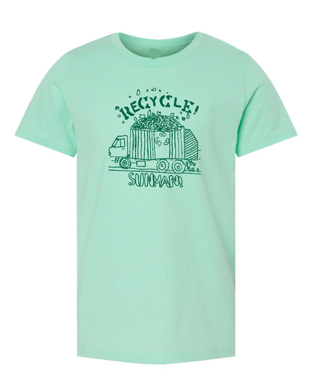 Mint green t-shirt with recycling graphic and text on a white background