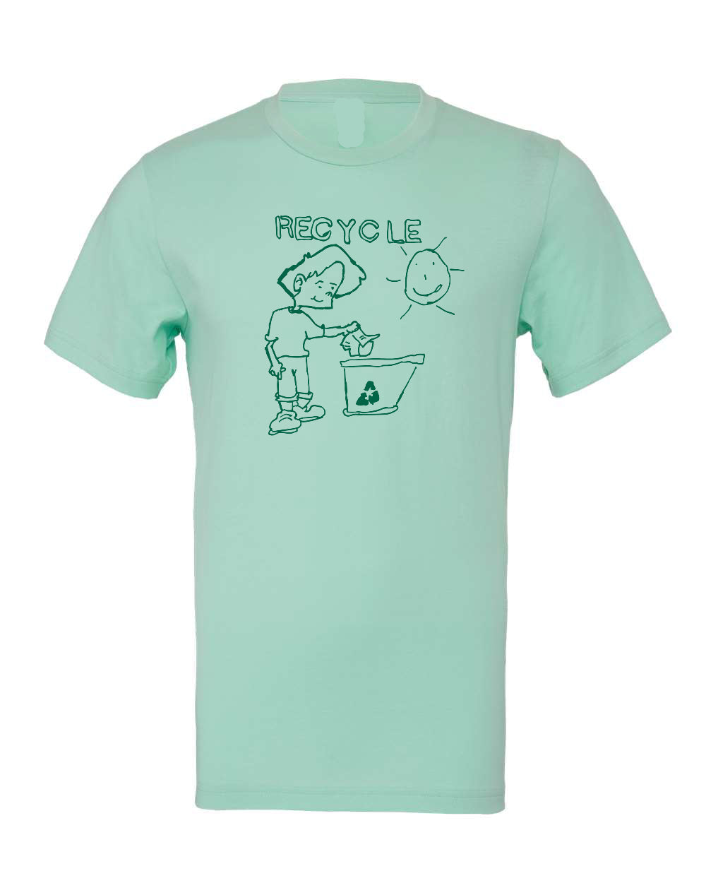 Mint green t-shirt with a graphic of a child recycling and the word 'RECYCLE' on a white background.
