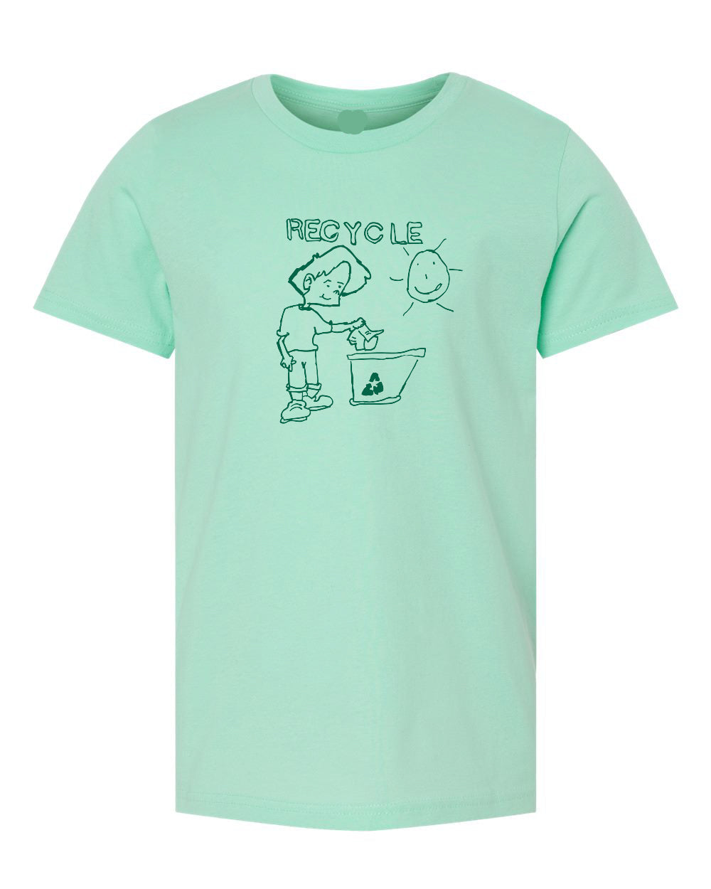 Mint green t-shirt with a graphic of a person recycling and text on a white background