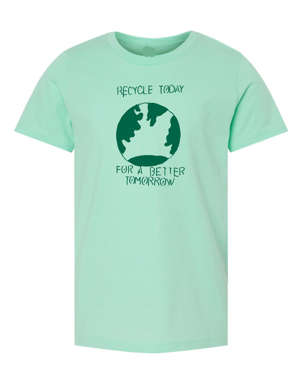 Mint green t-shirt with recycling graphic and text on a white background