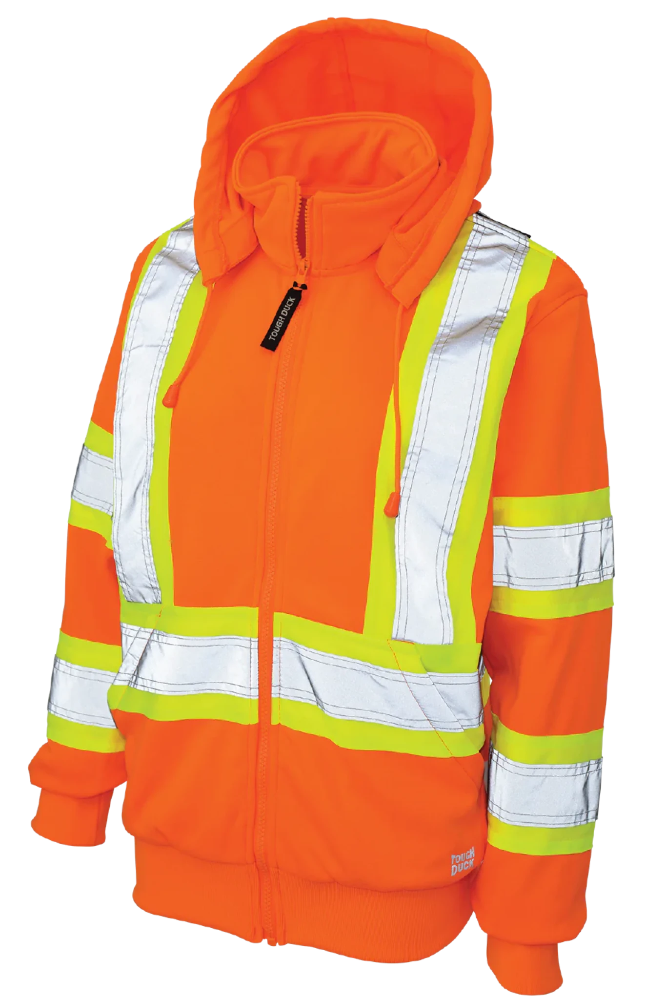 A women's safety hoodie in orange with reflective material, featuring a hood, zip front, and pockets.