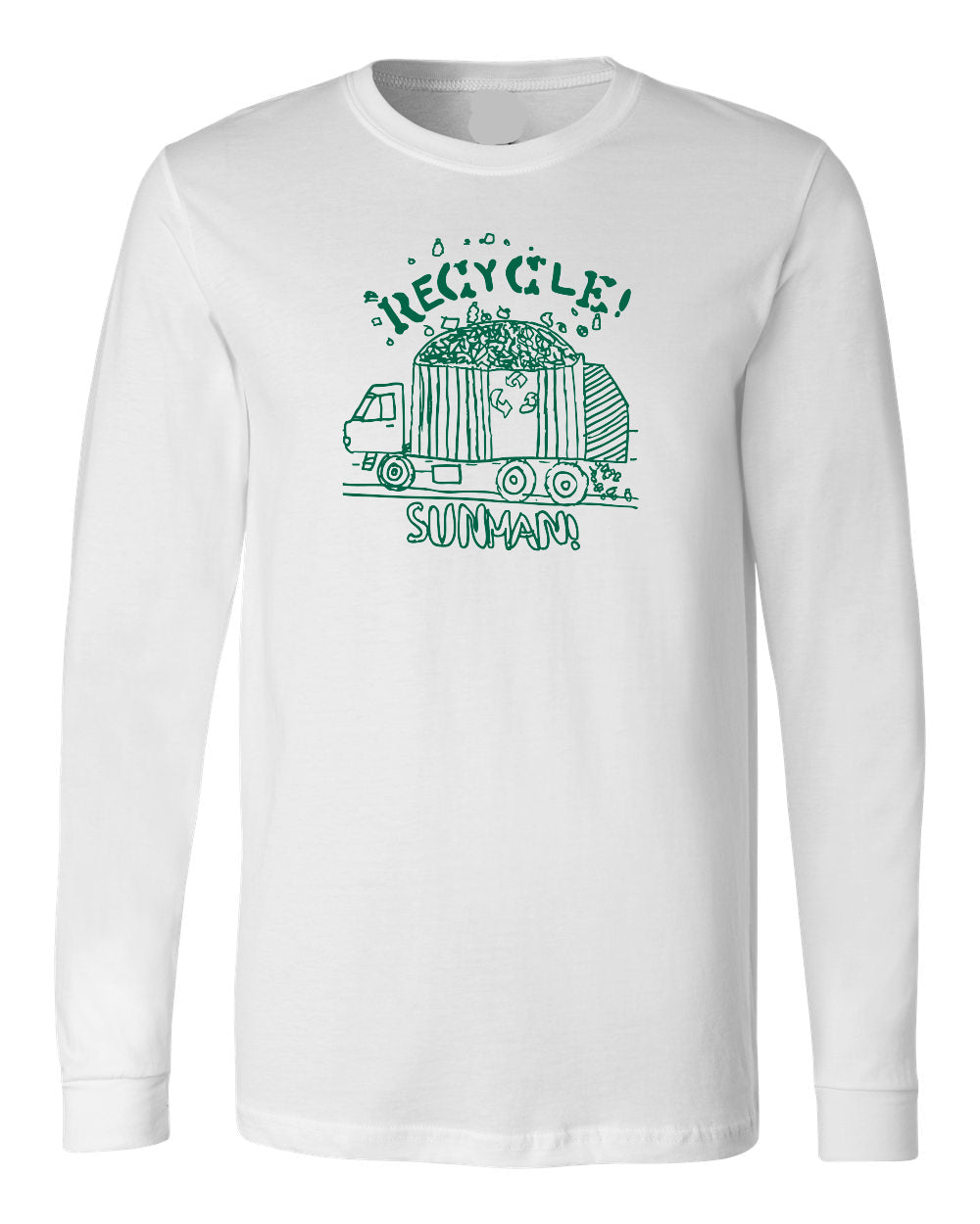 White long-sleeve shirt with green recycling graphic and text on a white background