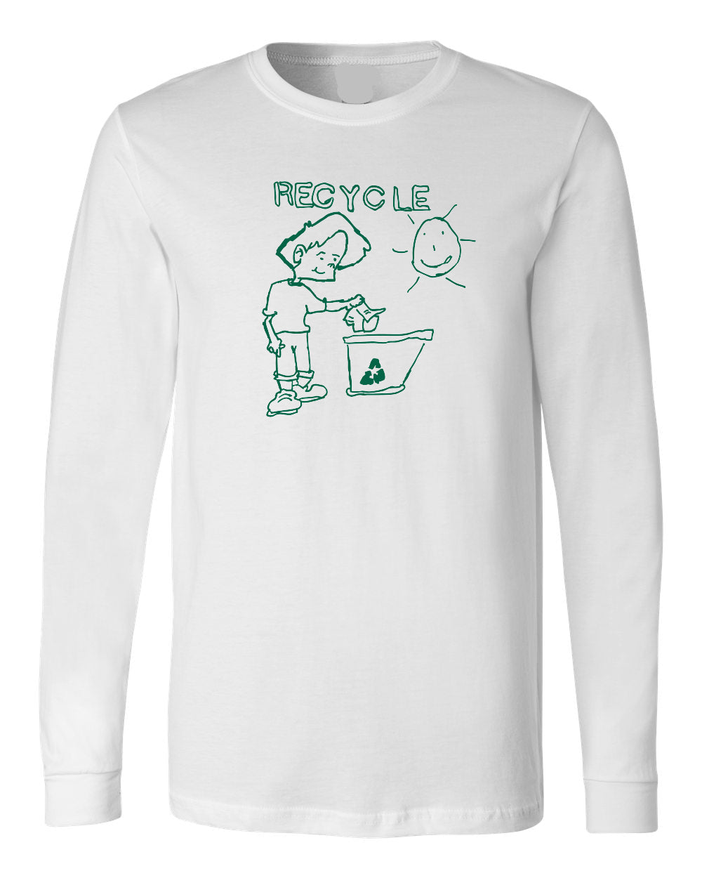 White long-sleeve shirt with green recycling graphic on a white background