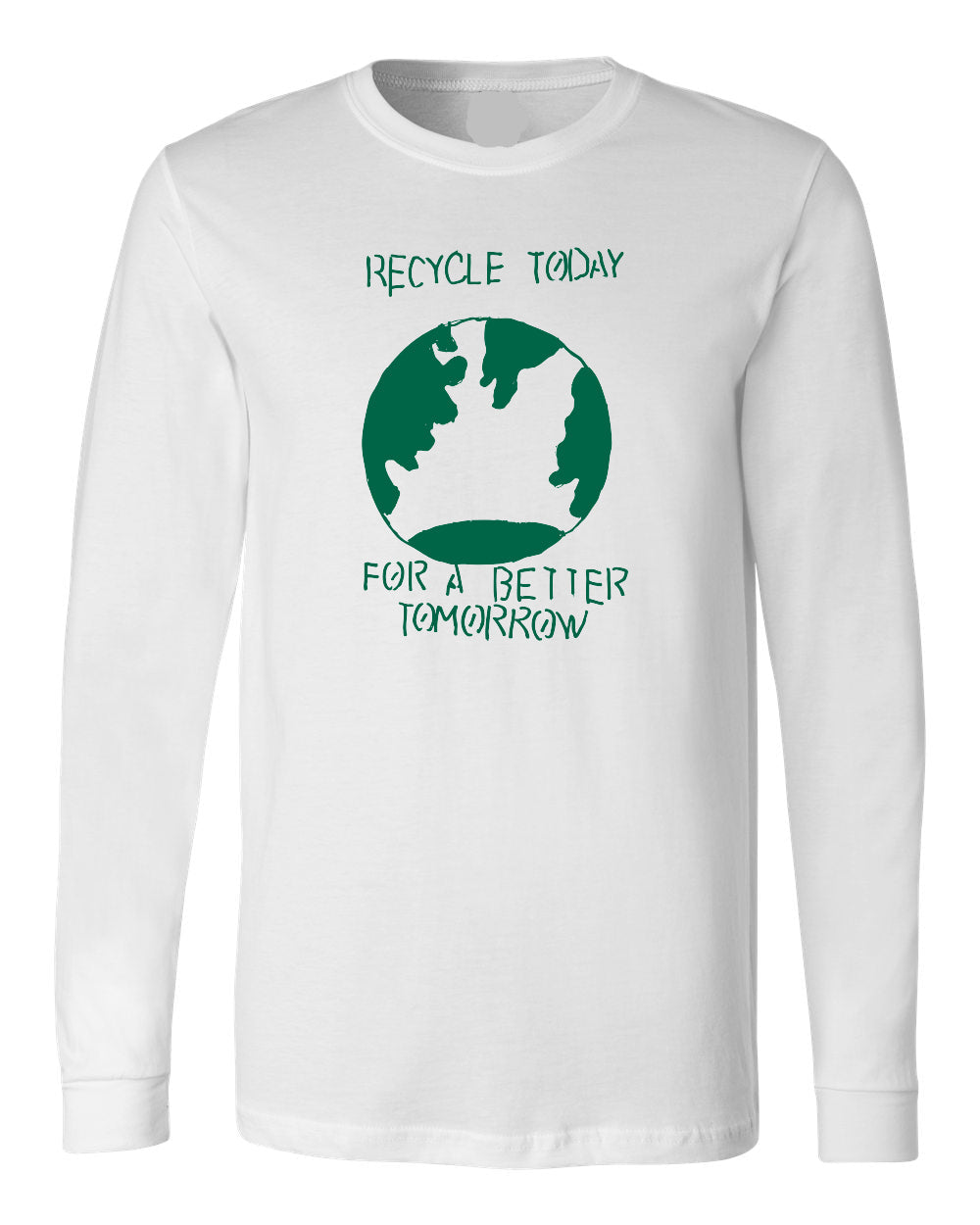White long-sleeve shirt with green recycling graphic and text on a white background