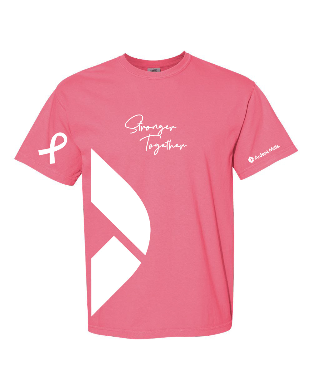 Pink t-shirt with the text "Stronger Together" and other graphics on a white background